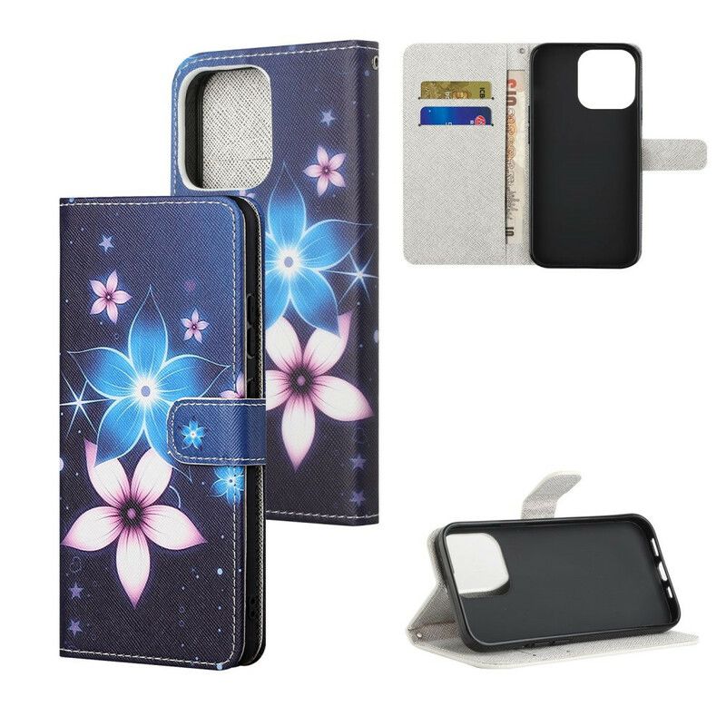 Folio Deksel Til iPhone 13 Med Kjede Lunar Strap Blomster