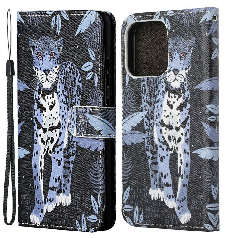 Folio Deksel Til iPhone 13 Med Kjede Thong Leopard