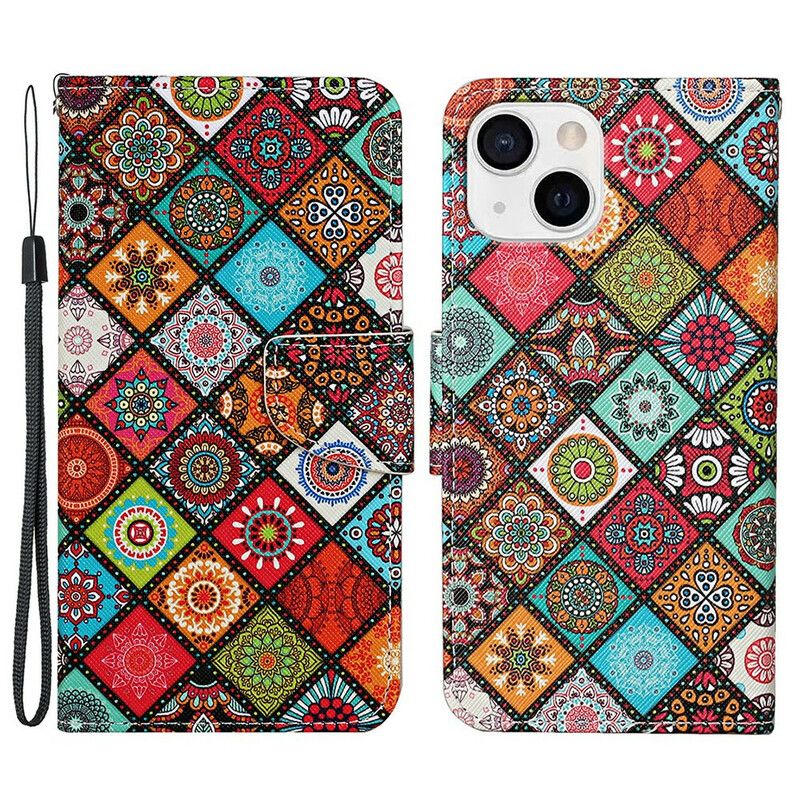 Folio Deksel Til iPhone 13 Patchwork Mandalaer Med Snor