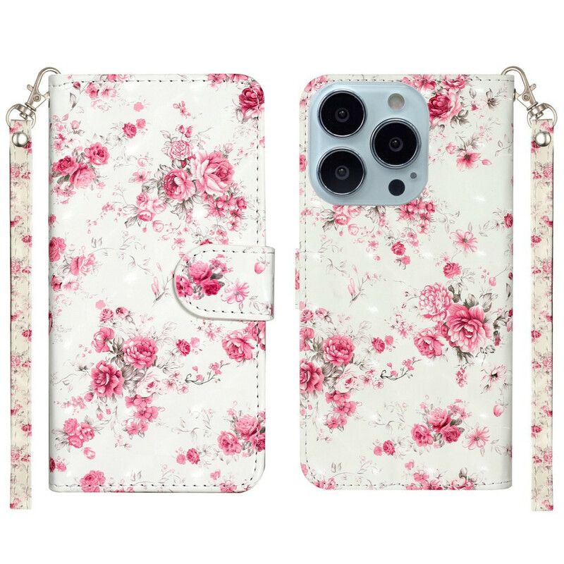 Folio Deksel Til iPhone 13 Pro Max Med Kjede Blomster Lysflekker Med Stropp