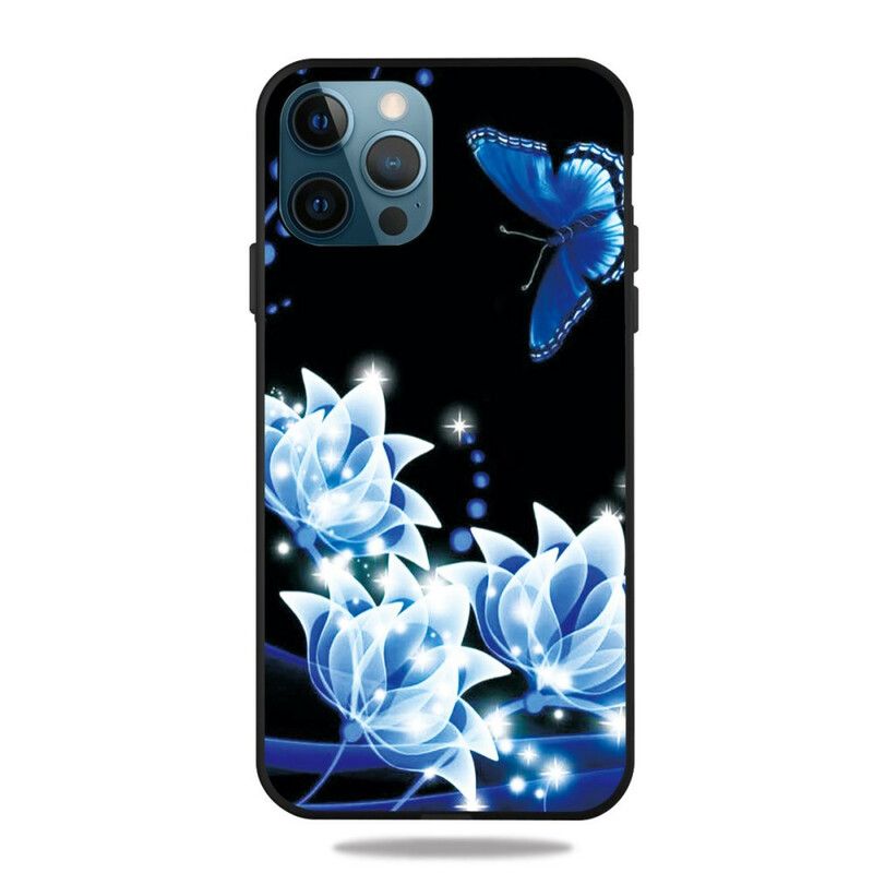 Mobildeksel Til iPhone 13 Pro Max Sommerfugl Og Blå Blomster