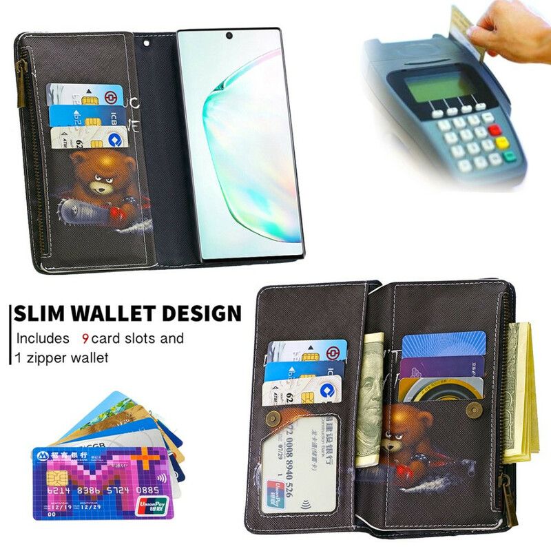 Folio Deksel Til Samsung Galaxy Note 10 Bear Glidelåslomme