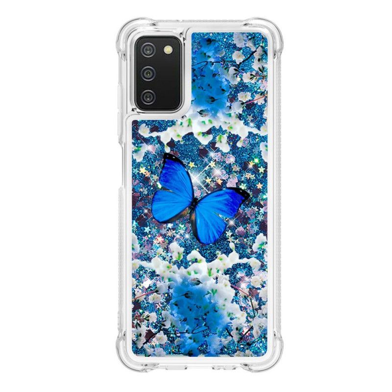 Deksel Til Samsung Galaxy A03s Blå Glittersommerfugler