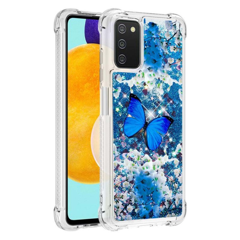 Deksel Til Samsung Galaxy A03s Blå Glittersommerfugler