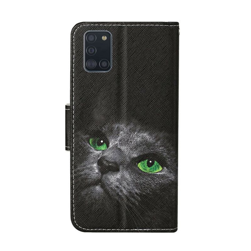 Folio Deksel Til Samsung Galaxy A31 Green Eyed Cat With Lanyard