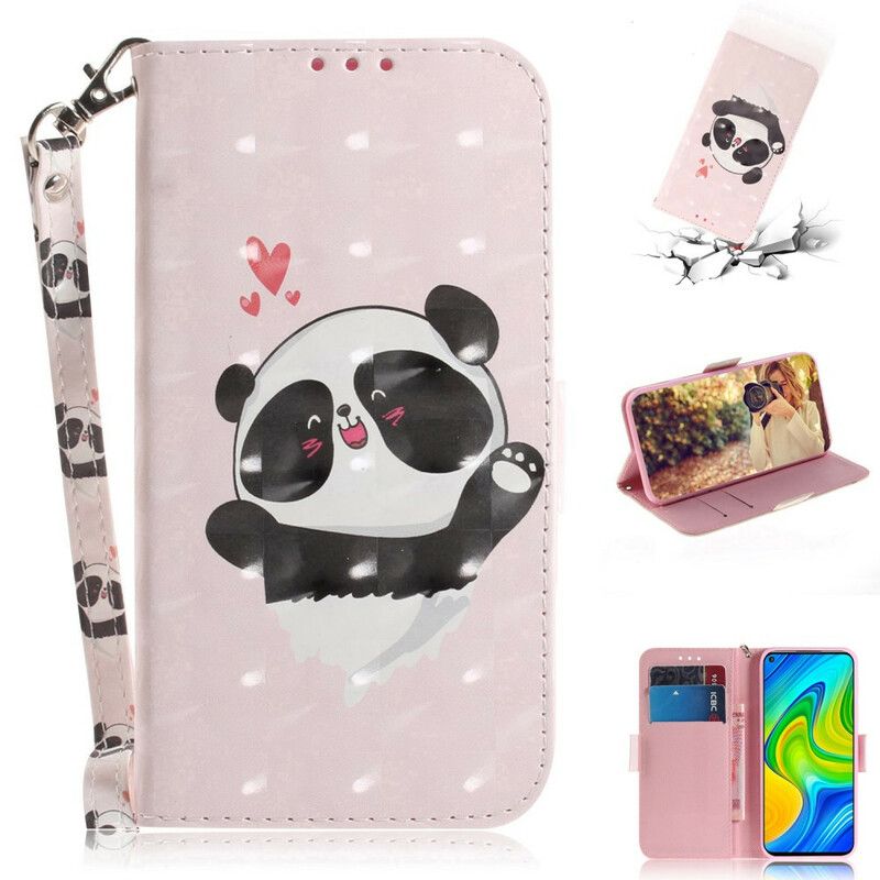 Folio Deksel Til Xiaomi Redmi Note 9 Med Kjede Panda Love Strap