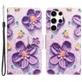 Folio Deksel Til Samsung Galaxy S24 Ultra 5g Lilla Blomster Med Stropp