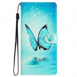 Folio Deksel Samsung Galaxy S24 Plus 5g Blue Butterfly In Lanyard Flight