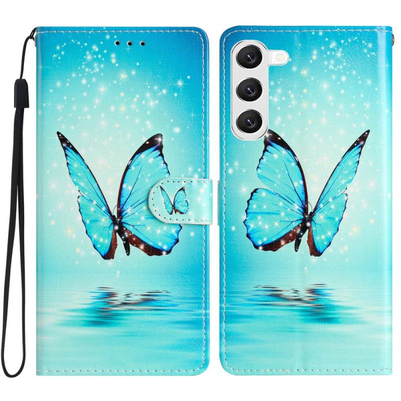 Folio Deksel Samsung Galaxy S24 Plus 5g Blue Butterfly In Lanyard Flight