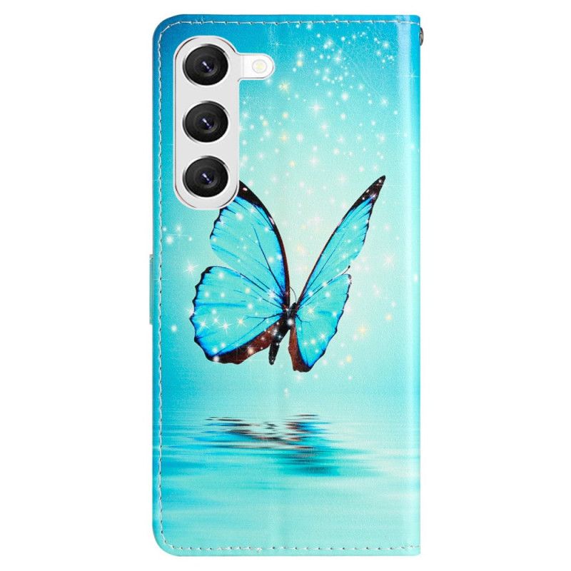 Folio Deksel Samsung Galaxy S24 Plus 5g Blue Butterfly In Lanyard Flight