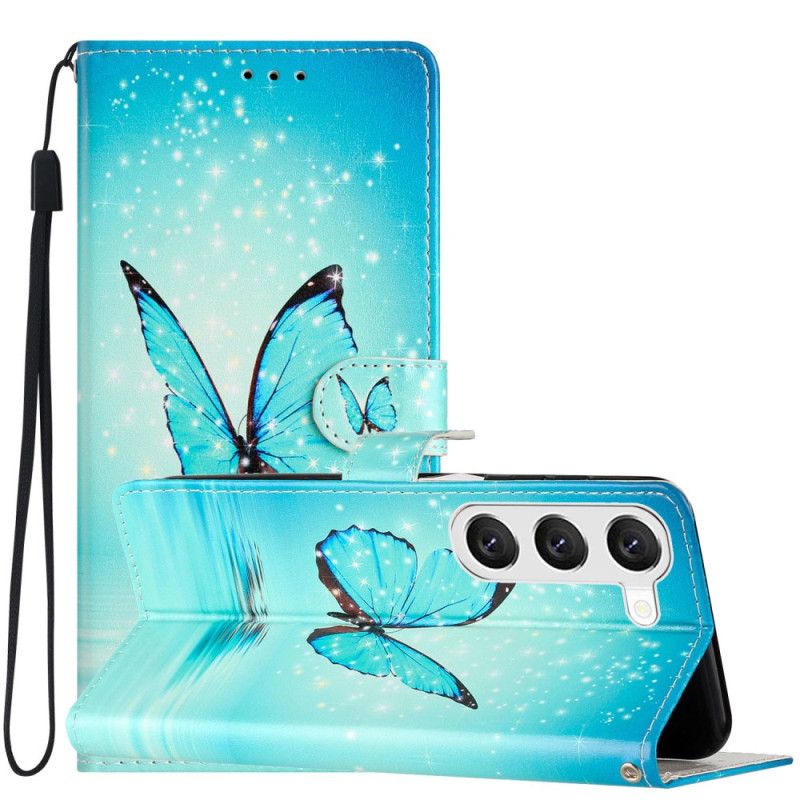 Folio Deksel Samsung Galaxy S24 Plus 5g Blue Butterfly In Lanyard Flight