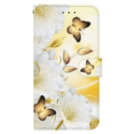 Folio Deksel Samsung Galaxy S24 Plus 5g Gylne Sommerfugler Og Blomster Med Stropp