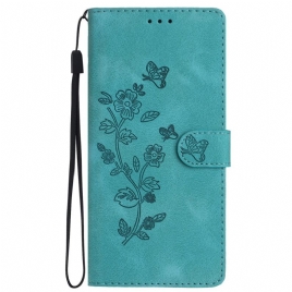 Folio Deksel Samsung Galaxy S24 Plus 5g Trykte Blomster Og Snor Beskyttelse Deksel