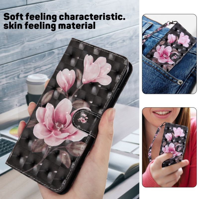 Lærdeksel Folio Deksel Samsung Galaxy S24 Plus 5g Mobildeksel Rosa Blomster Med Stropp