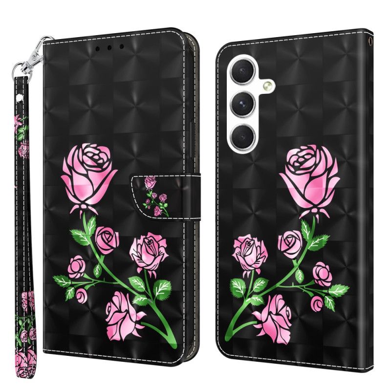 Lærdeksel Folio Deksel Samsung Galaxy S24 Plus 5g Mobildeksel Rosa Blomster Med Stropp