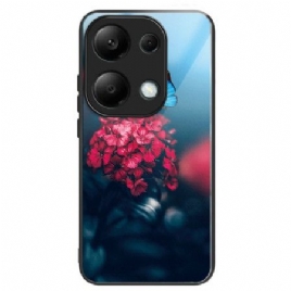 Deksel Til Xiaomi Redmi Note 13 Pro 4g Røde Blomster Og Sommerfugler I Herdet Glass