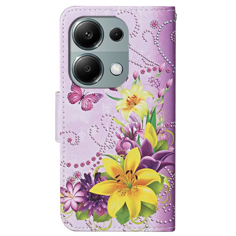 Folio Deksel Xiaomi Redmi Note 13 Pro 4g Gule Blomster Og Sommerfugler Med Stropp