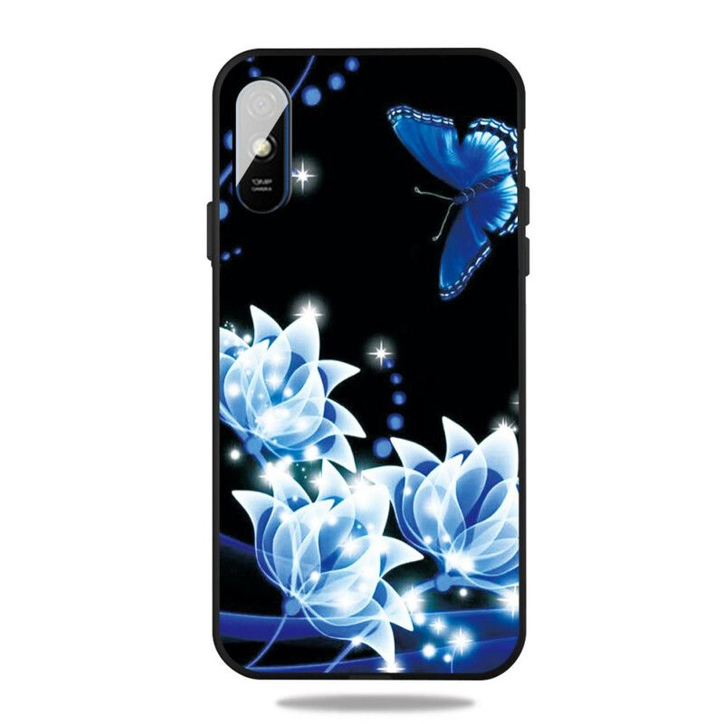 Deksel Til Xiaomi Redmi 9A Sommerfugl Og Blå Blomster