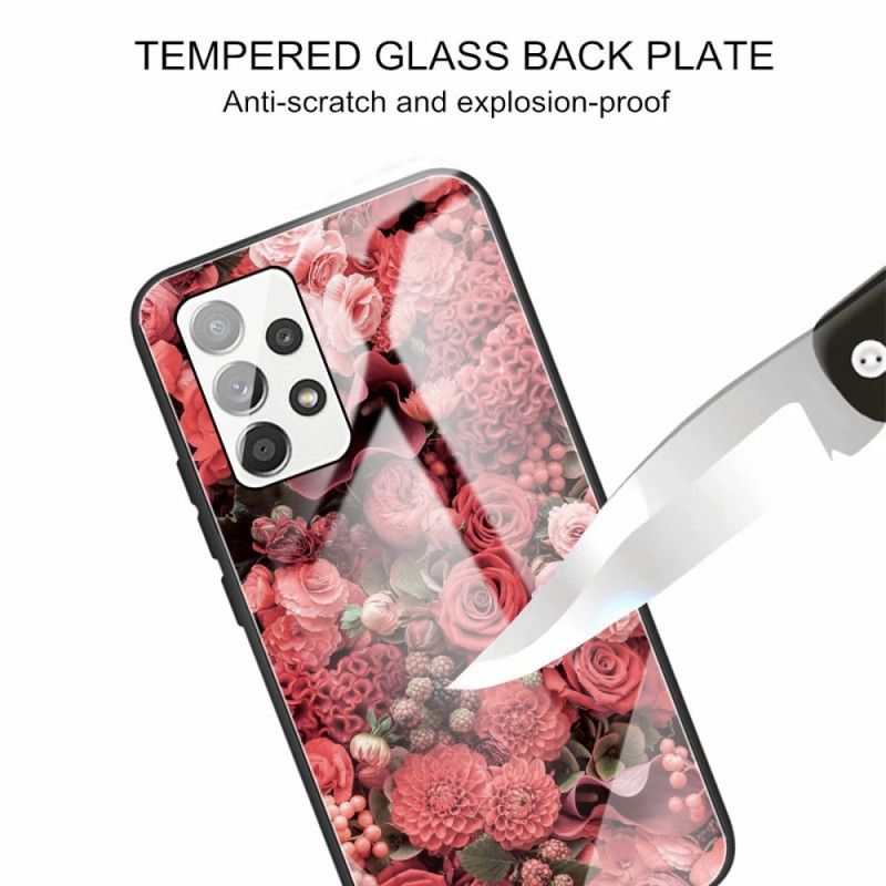 Mobildeksel Til Samsung Galaxy A13 Rosa Blomster Av Herdet Glass
