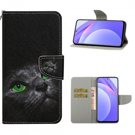 Folio Deksel Til Xiaomi Mi 10T Lite / Redmi Note 9 Pro 5G Green Eyed Cat With Lanyard