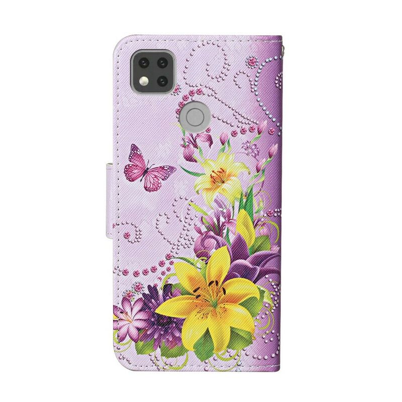 Folio Deksel Til Xiaomi Redmi 9C Med Kjede Sommerfugler Og Sørlige Blomster Strappy