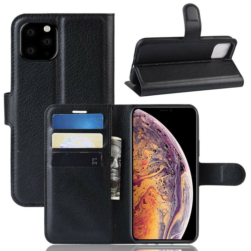 Folio Deksel Til iPhone 11 Pro Max Premium Litchi Leather Effect