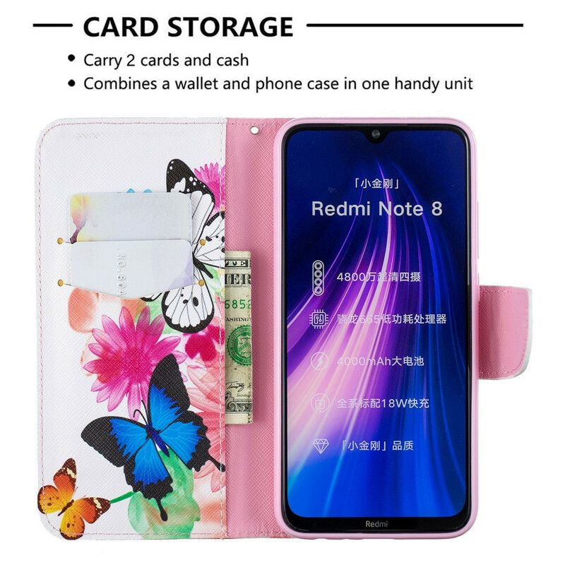 Folio Deksel Til Xiaomi Redmi Note 8 Malede Sommerfugler Og Blomster