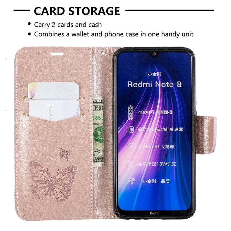 Folio Deksel Til Xiaomi Redmi Note 8 Med Kjede Butterflies Trykt Stropp