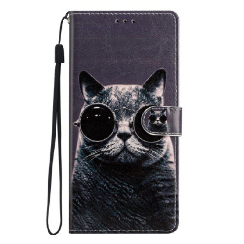 Folio Deksel Til Moto G73 5G Med Kjede Strappy Glasses Cat