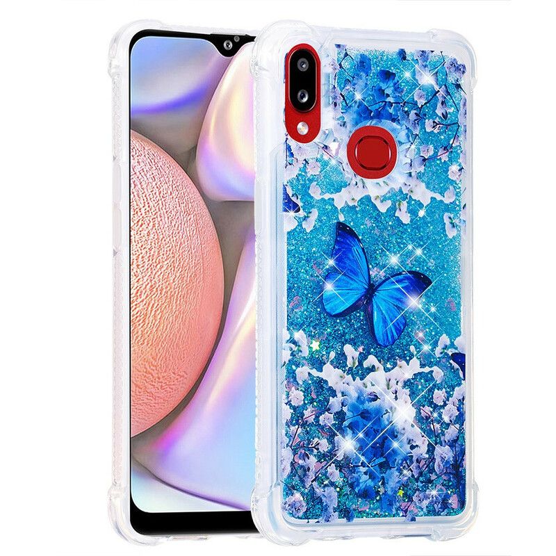 Deksel Til Samsung Galaxy A10s Blå Glittersommerfugler