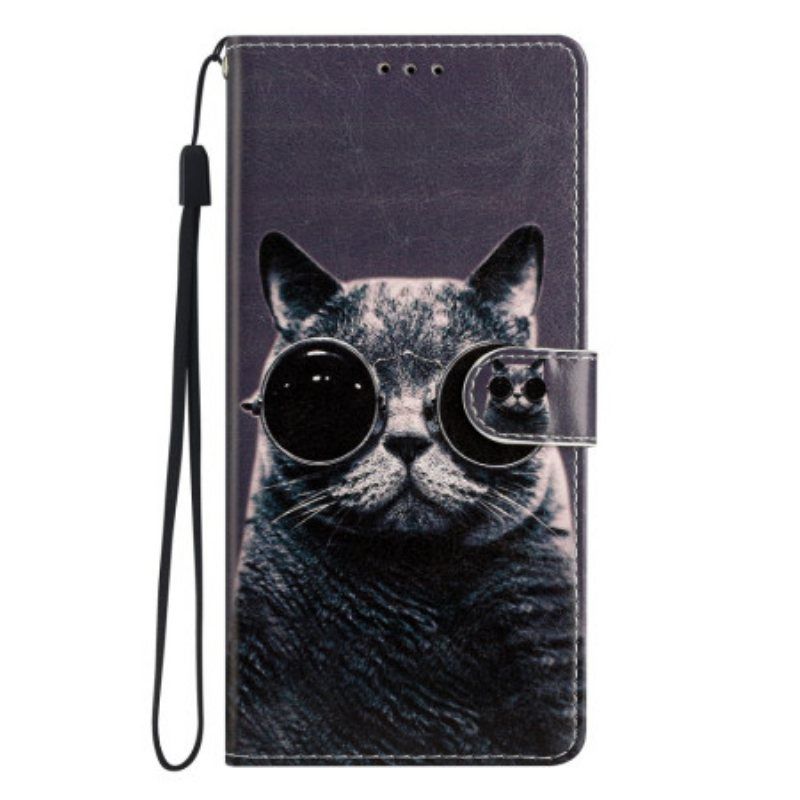 Folio Deksel Til Samsung Galaxy A54 5G Med Kjede Cat Strappy-briller