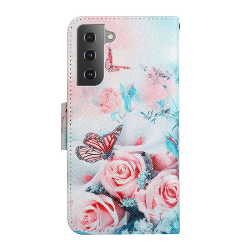 Folio Deksel Til Samsung Galaxy S22 Plus 5G Bukett Med Blomster Og Sommerfugler