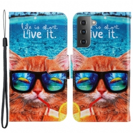 Folio Deksel Til Samsung Galaxy S22 Plus 5G Med Kjede Cat Live It Strappy