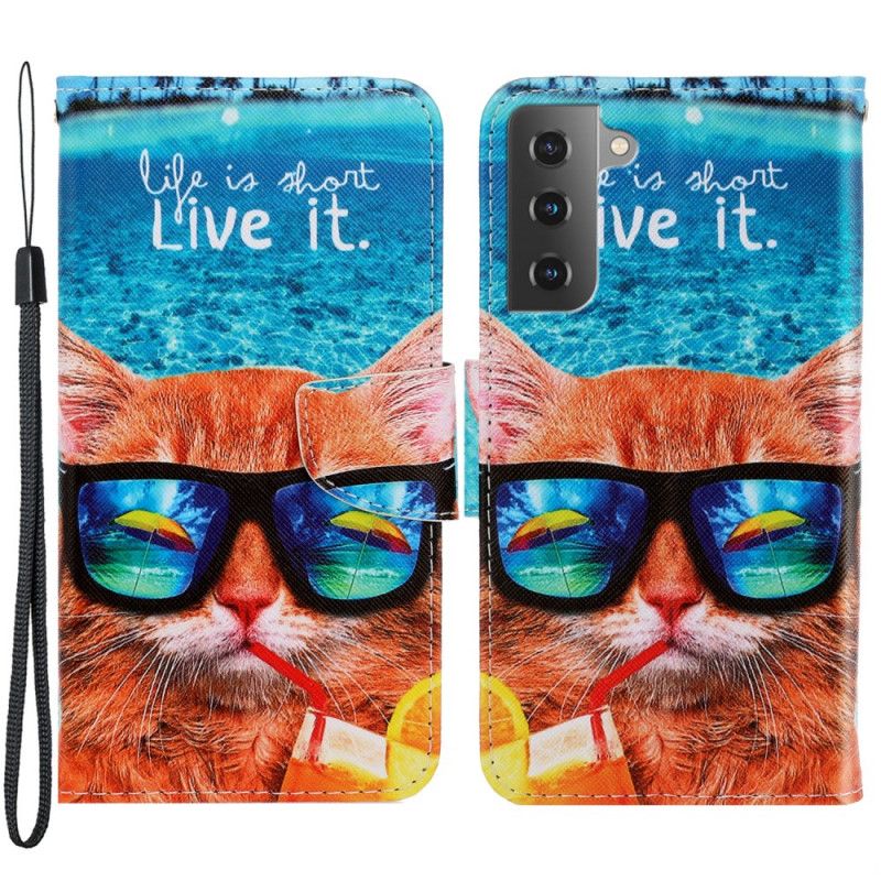 Folio Deksel Til Samsung Galaxy S22 Plus 5G Med Kjede Cat Live It Strappy