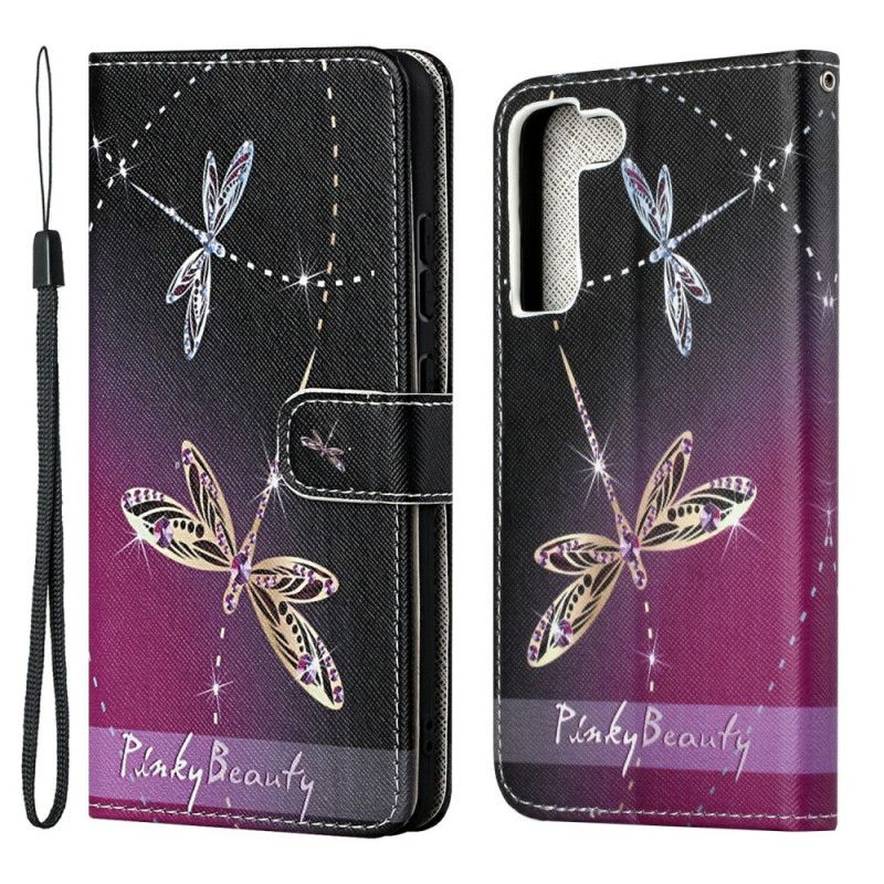 Folio Deksel Til Samsung Galaxy S22 Plus 5G Med Kjede Thong Dragonflies