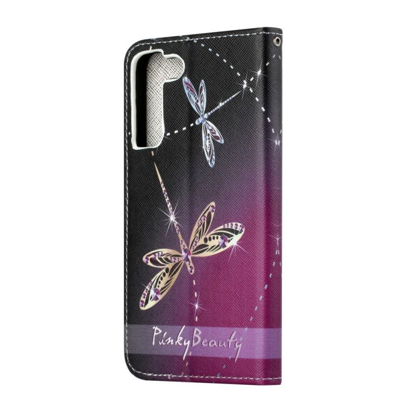 Folio Deksel Til Samsung Galaxy S22 Plus 5G Med Kjede Thong Dragonflies