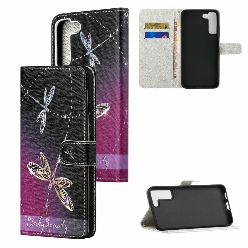 Folio Deksel Til Samsung Galaxy S22 Plus 5G Med Kjede Thong Dragonflies