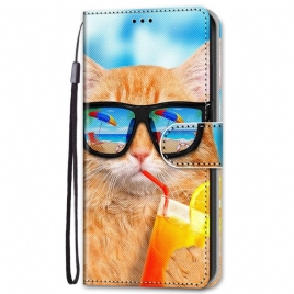 Folio Deksel Til Samsung Galaxy S22 Plus 5G Med Kjede Thong Sun Cat