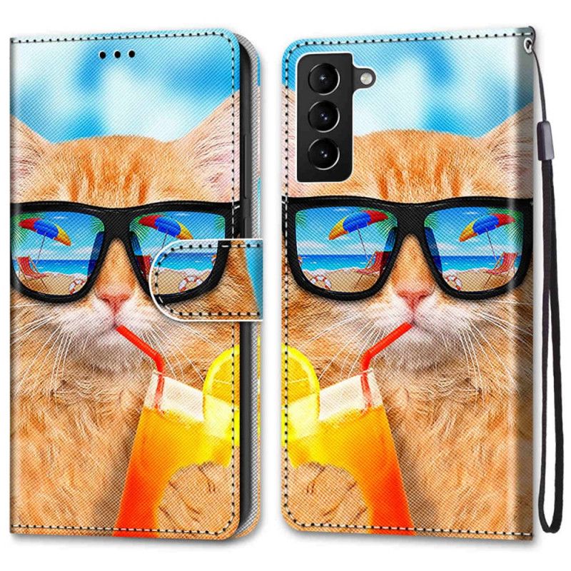 Folio Deksel Til Samsung Galaxy S22 Plus 5G Med Kjede Thong Sun Cat