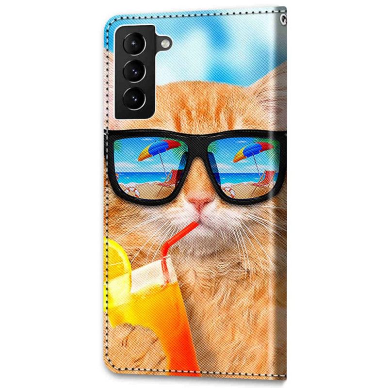 Folio Deksel Til Samsung Galaxy S22 Plus 5G Med Kjede Thong Sun Cat
