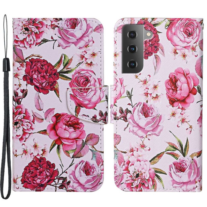 Folio Deksel Til Samsung Galaxy S22 Plus 5G Mestrerike Blomster Med Stropp