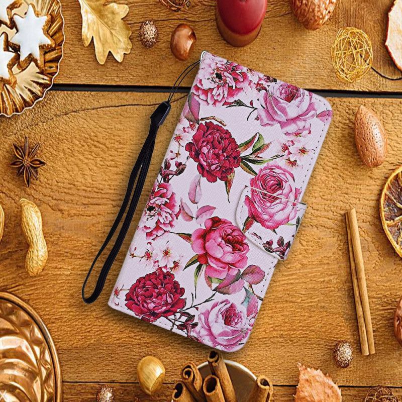 Folio Deksel Til Samsung Galaxy S22 Plus 5G Mestrerike Blomster Med Stropp