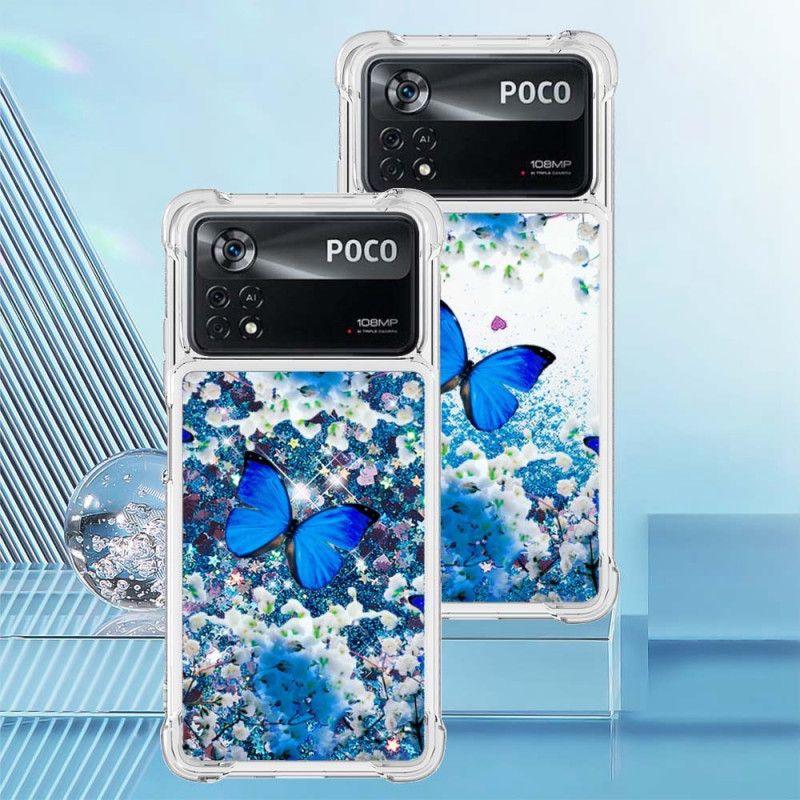 Deksel Til Poco X4 Pro 5G Blå Glittersommerfugler