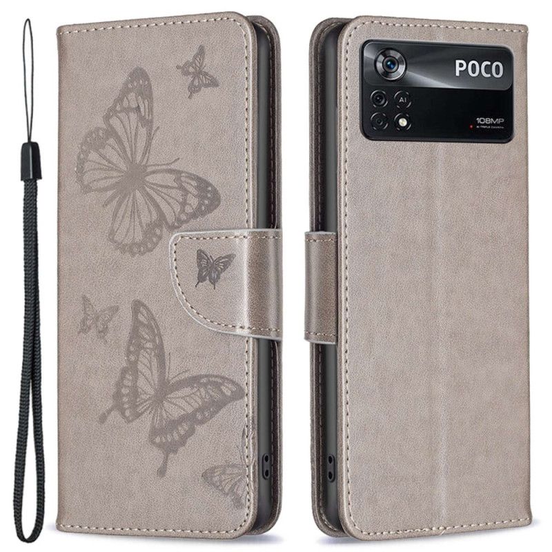 Folio Deksel Til Poco X4 Pro 5G Med Kjede Butterfly Print Stropp