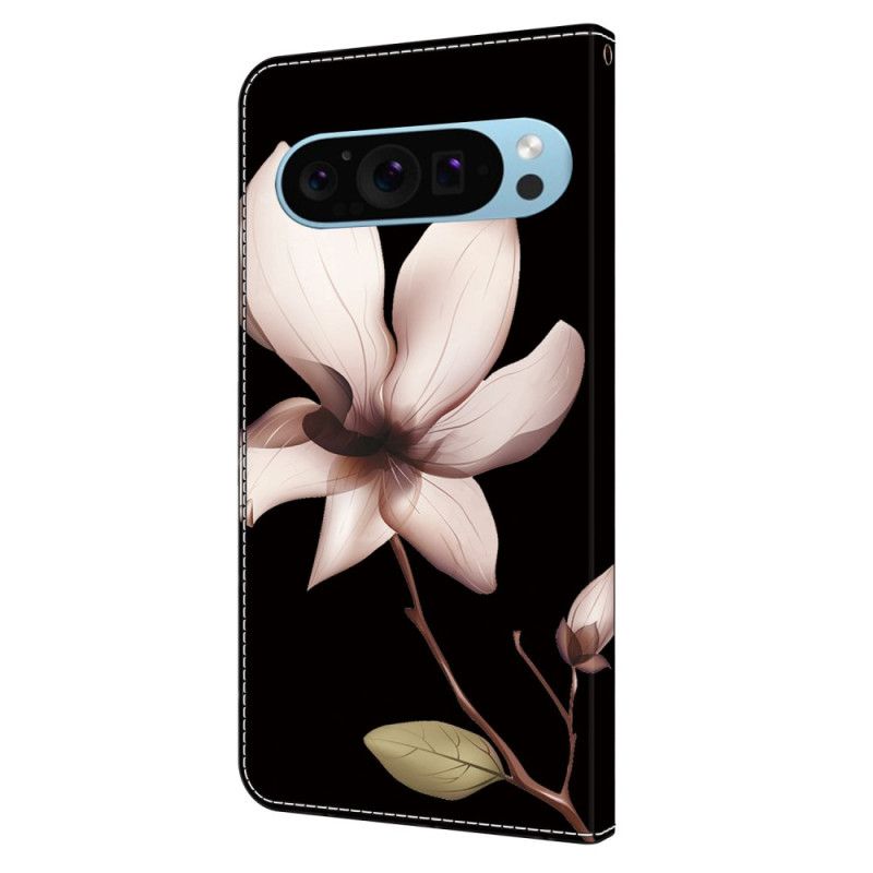 Folio Deksel Til Google Pixel 9 Rosa Blomst På Svart Bakgrunn