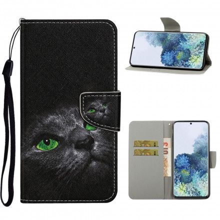 Folio Deksel Til Samsung Galaxy S21 Ultra 5G Green Eyed Cat With Lanyard