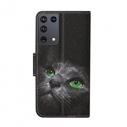 Folio Deksel Til Samsung Galaxy S21 Ultra 5G Green Eyed Cat With Lanyard