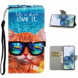 Folio Deksel Til Samsung Galaxy S21 Ultra 5G Med Kjede Cat Live It Strappy