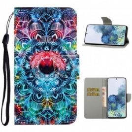 Folio Deksel Til Samsung Galaxy S21 Ultra 5G Med Kjede Flashy Strappy Mandala