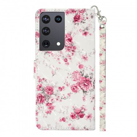 Folio Deksel Til Samsung Galaxy S21 Ultra 5G Med Kjede Stropp Lette Spotblomster